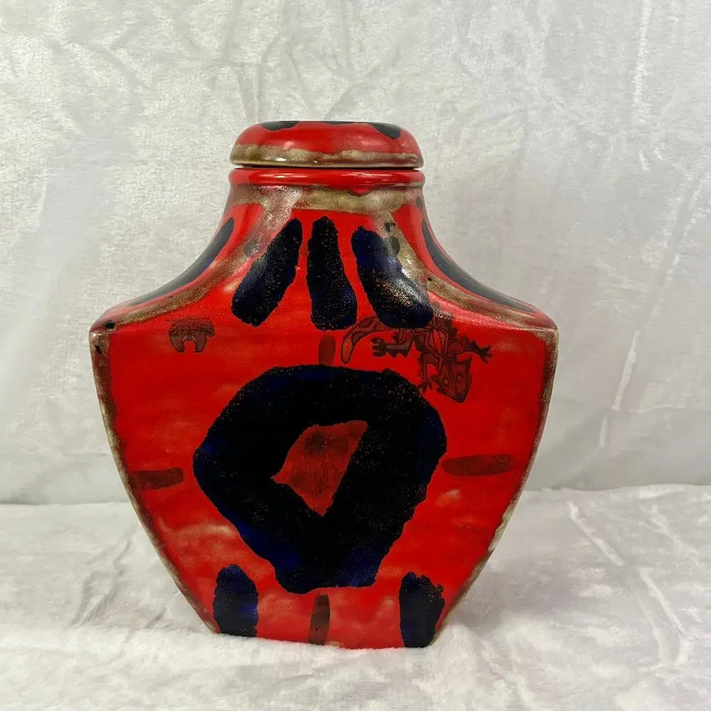Handcrafted Red Blue Abstract Glazed Ceramic Vase 11.25